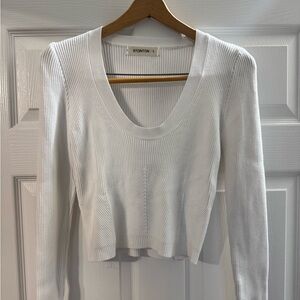 White Ribbed Scoop Neck Basic Long Sleeve Top